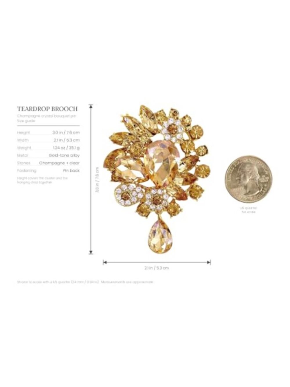 Champagne Gold Brooches for Women Large Teardrop Bouquet Pin - Picture 3 of 3